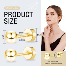 Artskin Women Flat Back Ball Stud Earrings Titanium Hypoallergenic Girls Earrings Studs for Sensitive Ears Simple Classic 5mm Flat Stud Earrings for Helix Tragus Cartilage (Ball - Gold)