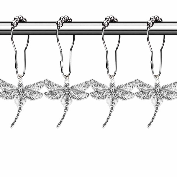 YYC 12Pcs Beautiful Dragonfly Shower Curtain Hooks Rustproof Stainless Steel Bathroom Decorative Lovely Shower Curtain Rings (Silver)