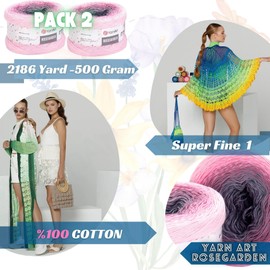 2 Skein Yarn Art Rosegarden Yarn 100% Cotton 2x1094yards 2x250gr Multicolor Cotton Yarn Rainbow Crochet Yarn Spring Summer Fine 1 Top 5 Most Used Colors (Rosegarden 313)