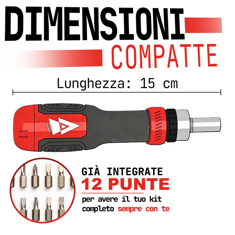 Cacciavite a Cricchetto con 12 Inserti CR-V Integrati 15 cm,
