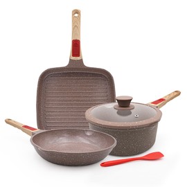 AIKENBBKK 5 Pcs Ceramic NonStick Pots and Pans Set, Kitchen Cookware Set with with Detachable Handle, 9.5 inch fry pan, 9.5 inch grill pan, 2.3 QT saucepan with lid, Oven& Dishwasher Safe