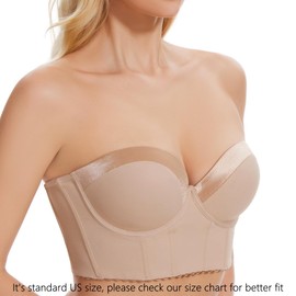 SEA BBOT Women Push Up Strapless Bra Anti-Slip Longline Padded Add Cup Bra Dark Beige 36C