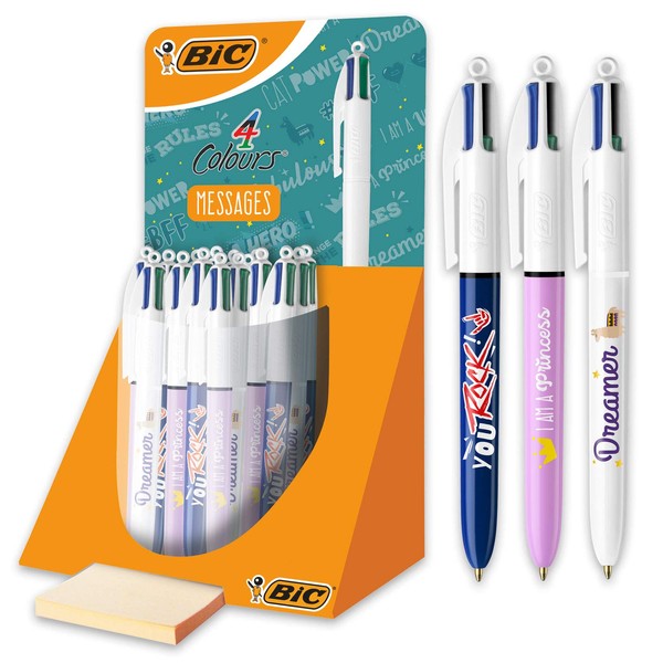 BIC 4 Colours Retractable Ballpoint Pens Medium Tip 1.0 mm Assorted Decorations, Tubo of 30