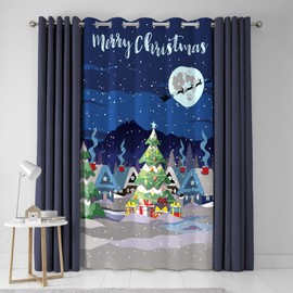 Bedlam - Glow in the Dark Eyelet Single Panel Curtain - Christmas Tree Village- 54" Width x 84" Drop (138 x 214cm) in Blue