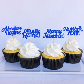 Keaziu - Juego de 24 adornos para cupcakes de jubilación oficialmente jubilados, sin zona de trabajo, para fiestas de cumpleaños, decoración de pasteles, color azul