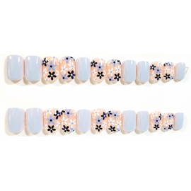 Denim Flowers Glossy Extra Short Square Press-On Nails - 24 Pieces - Artificial Nail Kit