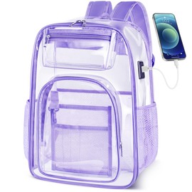 Clear Backpack with USB Charging Port for Men Women Transparent Backpacks Large Heavy Duty PVC School Stadium Approved See Through Bookbag Reinforced Strap for College Workplace Travel Work Security