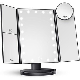 High Definition Lighted Makeup Mirror, Hollywood Vanity Mirror with Lights, two Color Lighting Modes, Tri-Fold 2X 3X 10X Magnification Mirror, Smart Touch Control, 180°Rotation ,Chargeable Travel Cosmetic Mirror for Desktop - Color: Black