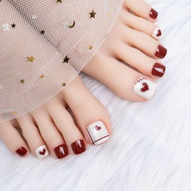 Caiguoer 24 Pcs Red Heart Print Toe Nail Art Press On Toe Nails for Women Girls (24 Pieces)