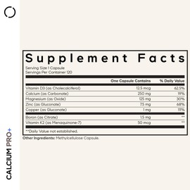 Codeage Calcium 250mg Supplement, Vitamin D3, Magnesium, Zinc, Copper, Boron, Vitamin K2-2-Month Supply - Elemental & High Calcium Vitamins Pills, Non-GMO - 120 Capsules