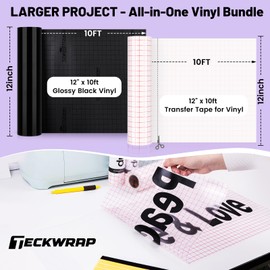 TECKWRAP Glossy Black Permanent Vinyl & Transfer Tape for Vinyl-12 x 10 FT w/Red Alignment Grid Transfer Paper, Medium Tack Transfer Tape Black Vinyl Bundle for Decals, Signs Stickers,Home Decor