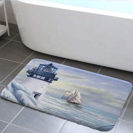 Nautical Lighthouse Bath Rugs, Blue Ocean Theme Sunrise and Sailboat Shower Rugs, Flannel Non Slip Ocean Coastal Bath Carpet Bathroom Room Decor 17X29 in