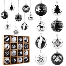 Aitsite 16 Pcs Christmas Baubles, Black and White Shatterproof Xmas Baubles Christmas Tree Decorations Large Christmas Balls Ornaments Hanging Christmas Decorations for Xmas Holiday Party Home