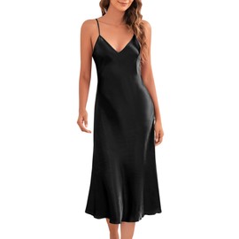 Marvmys Satin Nightdress for Women UK Long Negligees Strap Chemise Nighties for Ladies V Neck Full Slips Sleepwear Black XL