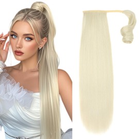 BEAUTY ON LINE Hair Extensions -Hair Extensions Clip in Long Straight Hair Bleach Blonde Ponytail Wrap Around Ponytail Extension Synthetic Fiber Hair Pieces for Women(22'',130g,1001#)