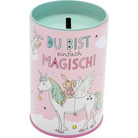 GRUSS & CO Money Box Unicorn Motif, Metal Tin with Money Slot Top, Height 9 cm, Diameter 6 cm, Gift for Starting School, School Cone, 74245