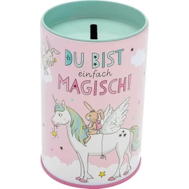 GRUSS & CO Money Box Unicorn Motif, Metal Tin with Money Slot Top, Height 9 cm, Diameter 6 cm, Gift for Starting School, School Cone, 74245