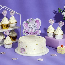 JOYMEMO - 25 piezas de elefante para baby shower, decoración para tartas de bebé, color morado – Es una niña, decoración para tartas de baby shower con decoración de cupcakes, doble cara para embarazo, celebración de recién nacidos, suministros para fies