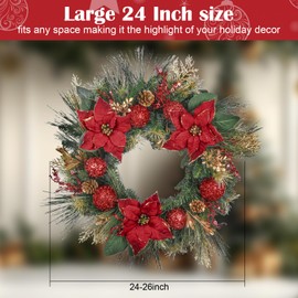 24 Inch Christmas Wreath for Front Door with Pine Needles, Pinecones, Gold Decorations Accents Artificial Christmas Wreath for Indoor/Outdoor Wall Windows,Christmas Thanksgiving Decorations