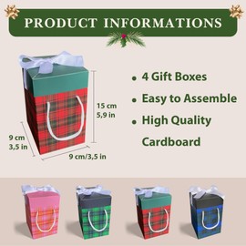 Christmas Gift Boxes with Lids for Presents - 4 Pcs 5,9x3,5x3,5 Inches Traditional Red Green Blue Pink Plaid Christmas Seamless Pattern Themed Ribbon and Package Carrying Rope Included Small Decorative Holiday Christmas Gift Bags Party Favors (Gingham)