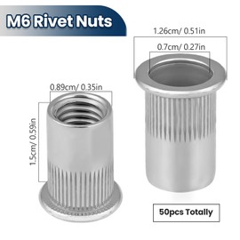 Rivet Nuts M6, Blind Rivet Nuts, Stainless Steel, Pack of 50 Flat Head Threaded Rivets, Thread Rivet for Metal Plates, Pipes, Rivet Nuts