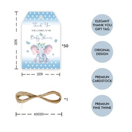 50pcs Elephant Thank You Tags, Blue Elephant Gift Tag with String for Jungle Animal Party, Thank You Paper Tags for Boy First Birthday/Elephant Gender Reveal Party Favors