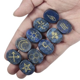 Amogeeli Lapis Lazuli Witch Rune Stone Set of 10pcs, Gypsy Symbol Engraved Crystal for Divination