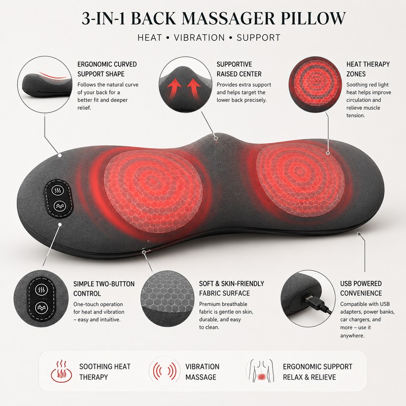 3-in-1 Lumbar Support Massager for Back Comfort – Heated Vibration
