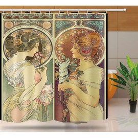 NTETSN Art Nouveau Lady Shower Curtain, Vintage Aesthetic Art Medieval Ladies Floral Artwork Fabric Shower Curtains, Upgrade Polyester Bathroom Curtain with Hooks, 72" x 72", YLYYNT2405