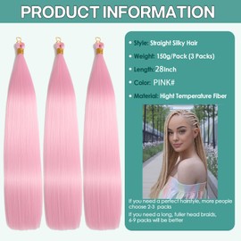 Locescsoc 28 Inch Bone Straight Braiding Hair 150g 3 Packs Straight Hair Extensions, Ariel Straight Ponytail Hair Bundles, Ombre Soft Synthetic Hair for Women (pink1#, 28 Inch 3 Packs)