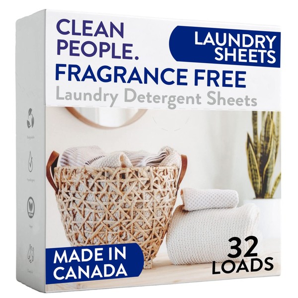 Clean People Fragrance Free Laundry Detergent Sheets - Plant-Based, Hypoallergenic Laundry Soap - Ultra Concentrated, Plastic Free, Recyclable Packaging, Stain Fighting - Fragrance Free, 32 Pack