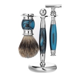 Men Manual Safety Double Edge Long Handle Razor   Shaving Brush Kit   Stand Holder Blue