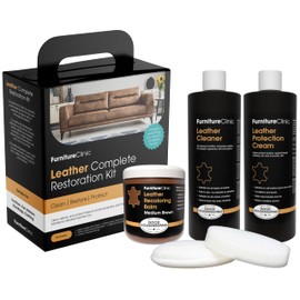Furniture Clinic Leather Complete Restoration Kit | with Leather Recoloring Balm, Cleaner, 2-in-1 Protection Cream & Conditioner, Sponge, and Cloth | Repair Kit for Furniture (Medium Brown)