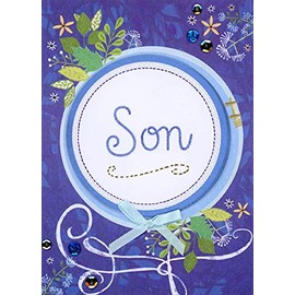 Designer Greetings Circular 3D Tip On Banner, Blue Ribbon, Blue and Gold Sequins : Small Leaves and Flowers on Purple Hand Decorated Easter Card for Son