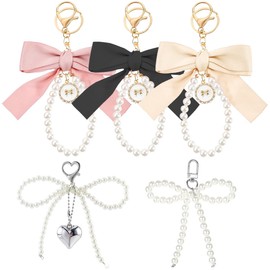 Asaisimg 5 Pcs Pearl Bow Keychain for Women, Pink Pearl Bowknot Sweet Key Chains for Car Keys, Cute Bow Keychain for Backpack, Bag Charms Coquette Keychain, Pink Beige Black