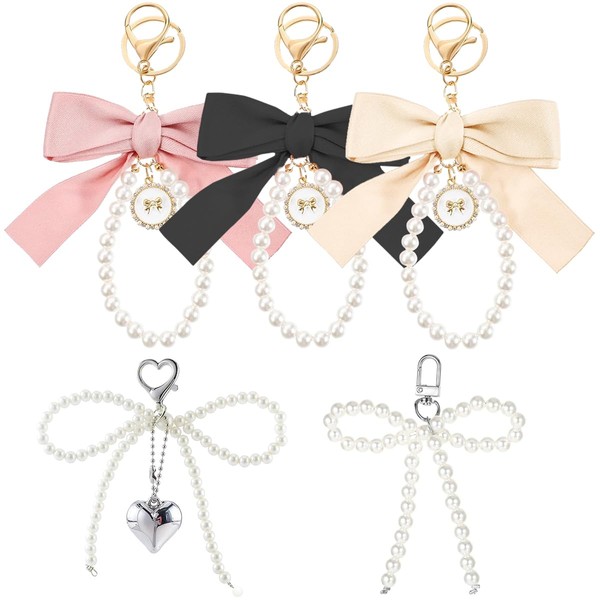 Asaisimg 5 Pcs Pearl Bow Keychain for Women, Pink Pearl