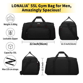 LONALIA 55L Large Gym Sports Duffle Bag for Men - 22 inch Mens Travel Holdall Weekend Overnight Bag (Black)