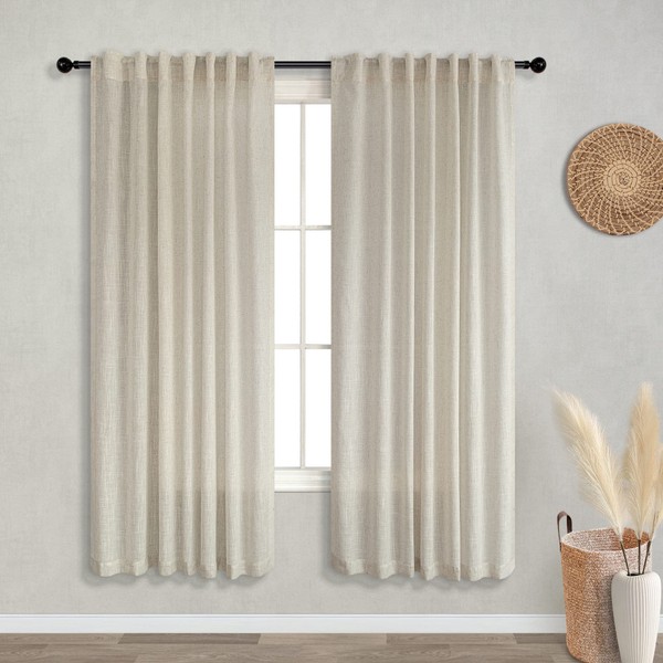 KOUFALL Linen Back Tab Rod Pocket Linen Sheer Curtains for Bedroom 52x72 Inch Length