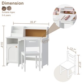 Treocho Kids Study Desk and Chair Set, Kids Desk with Hutch and Tiltable Desktop for 3-8 Years Old, Wooden Children Study Table with Storage Cabinet, Student Writing Desks Bedroom, Home School, White