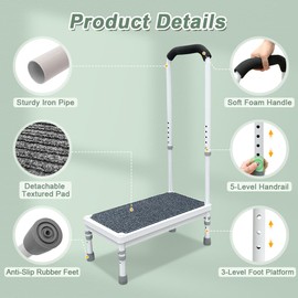 Medical Step Stool with Handle Elderly Adults Bed Steps for High Beds Rails Adjustable Assist Bar Heavy Duty Stepping Stool Metal Wide Step Platform Seniors Handicap Bed Side Foot Stool with Handrail