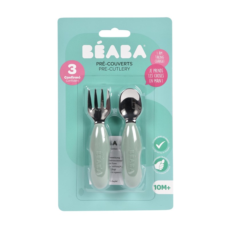 Beaba Stainless Steel Fork and Spoon Pre Cutlery Set, Sage