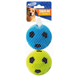 Nerf Dog Soccer Ball Dog Toy with Interactive Crunch, Lightweight, Durable and Water Resistant, 3 Inches, for Small/Medium/Large Breeds, Two Pack, Blue and Green
