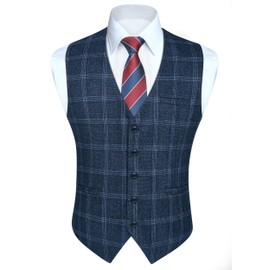 HISDERN Mens Blue Waistcoats Formal Check Waistcoat Plaid Waist Coat Working Wedding Suit Vest Sleeveless V Neck M