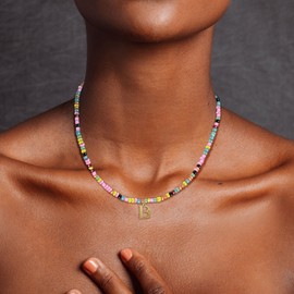 Yifnny Colorful Beaded Initial Necklaces, Letter Pendant Summer Beach Necklace Boho 18K Gold Plated Jewelry Gold Initial Rainbow Beaded Necklace Colorful Beaded Choker for Women (B)