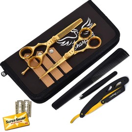 Professional 5.5 inch Hair Cutting Scissors Thinning Shears Set Sharpend Barber Hairdressing Scissors set & kit Salon Razor Edge Gold Scissor Japanese Stainless Steel