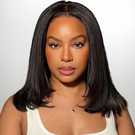 Yaki Straight Wigs Human Hair Short Bob Glueless Wig Pre Cut 6X5 Lace Front Wigs for Black Women Pre Bleached Pre Plucked Ready to Wear and Go Glueless Wig 180% Density Short Kinky Wigs 12inch