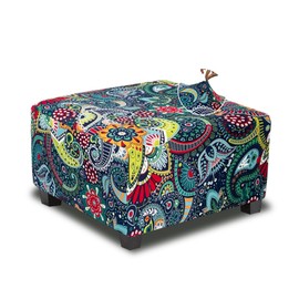 TOPHMDECOR Large Ottoman Cover Square Slipcovers Printed,Stretch Footrest Stool Cover for Ottoman Square,Soft Foot Stool Cover Protector with Nonslip Elastic Bottom (Large,Navy&Green)