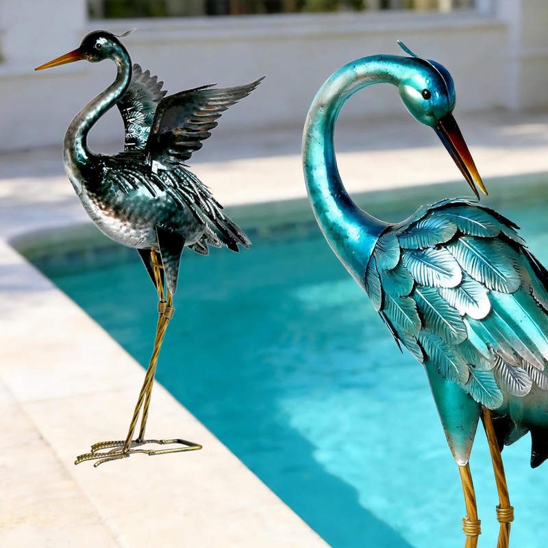 Ratuor Garden Crane Statues Blue Heron Metal Birds Yard Art