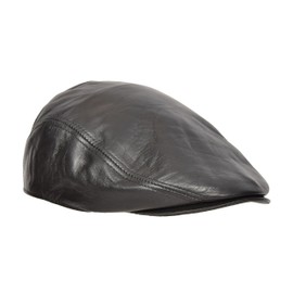 Real Leather Flat Cap Newsboy Ivy Peaked Gatsby Golf Cabbie Hat (Black, 57)