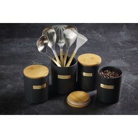 MasterClass Airtight Stoneware and Brass-Effect Tea Storage Canister, 1 Litre, Black, 11.1 x 11.1 x 14.5 cm